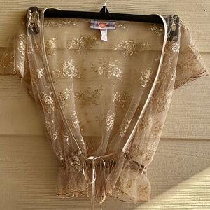 Dainty & Sheer Appliqué Lace Bolero Shrug with ruffled sleeves and Tie Waist